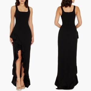 NEW DRESS THE POPULATION  Anthropologie BLACK CHARLENE Square Neck RUFFLE GOWN